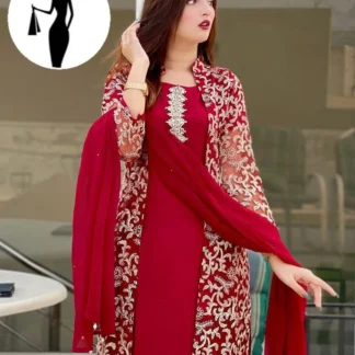 Maroon 4 Pcs Embroidered Gown Suit Shamoz Silk