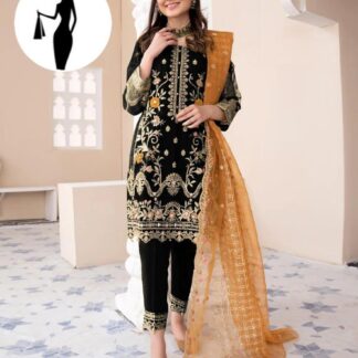 3 Piece Embroidered Organza Suit Black U-Neck