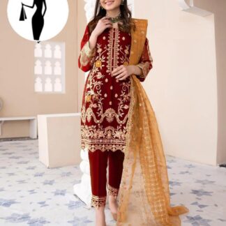 Women Maroon Embroidered Suit 3Pc Organza Malai Crepe Pakistan