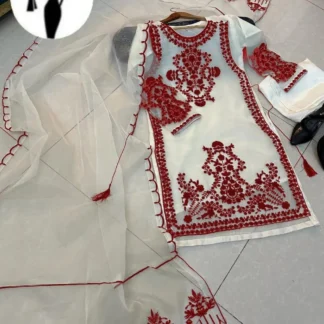 Wedding Eid 3-Piece Organza Embroidered Suit White Red