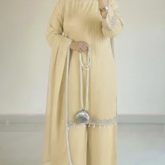 Full Heavy Stone Work Suit Cream Yellow 3 Piece