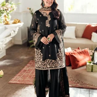 Black Embroidered 3Pcs Shamoz Silk Party Suit for Women