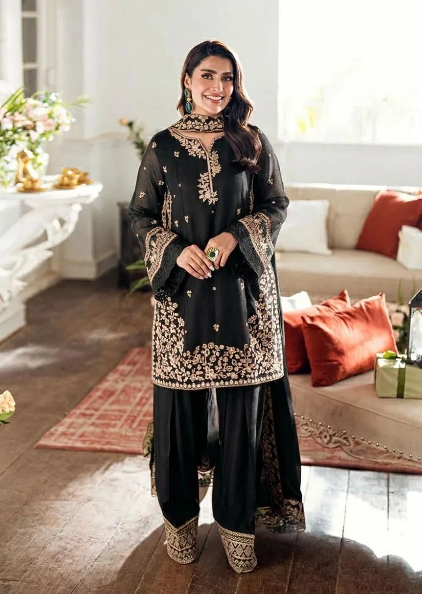 Black Embroidered 3Pcs Shamoz Silk Party Suit for Women - Image 3
