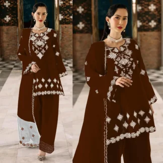 Brown Embroidered 3Pc Pakistani Traditional Set
