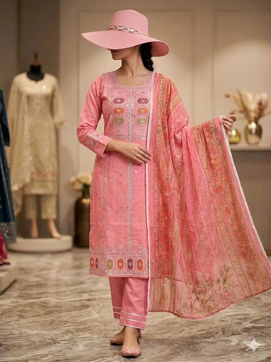 Pink 3-Piece Eid Embroidered Kurta Set with Dupatta - Image 2