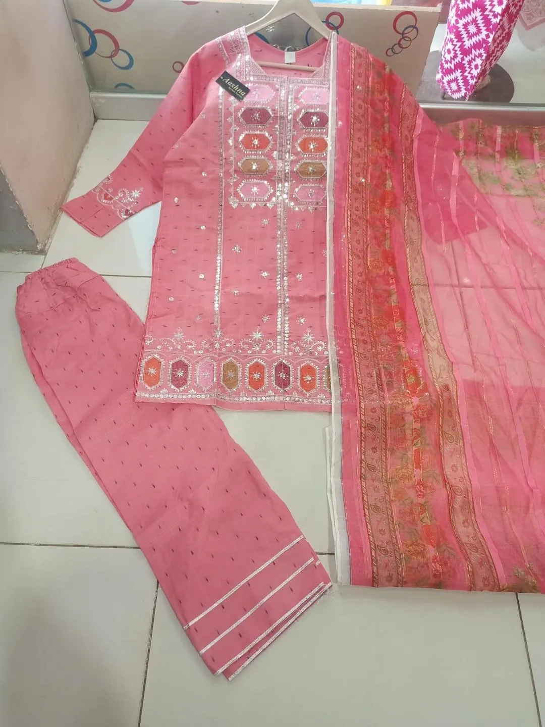 Pink 3-Piece Eid Embroidered Kurta Set with Dupatta - Image 3