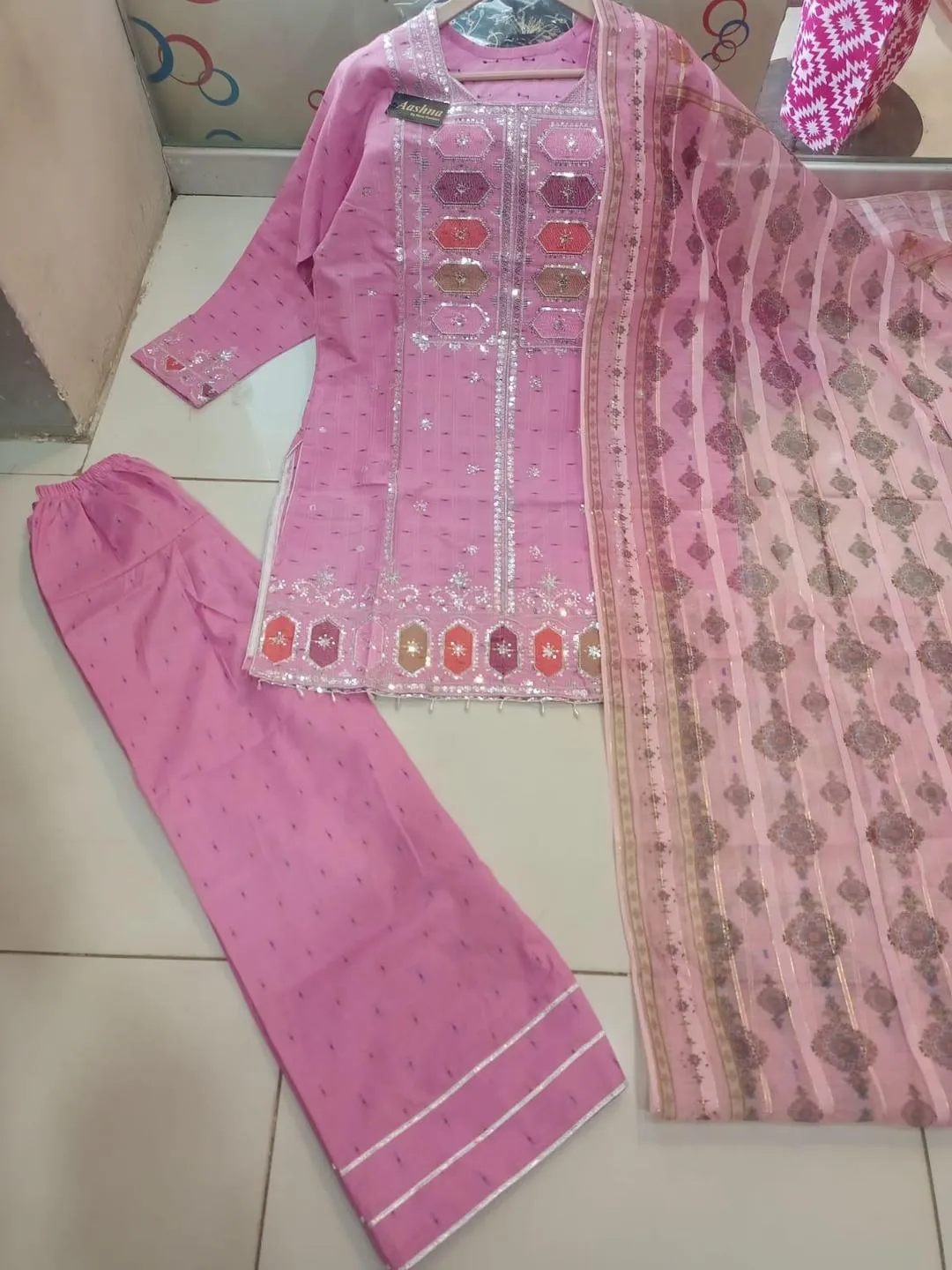 Pink 3-Piece Eid Embroidered Kurta Set with Dupatta - Image 4