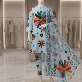 3 Pcs Women's Stitched Arabic Lawn Printed Suit