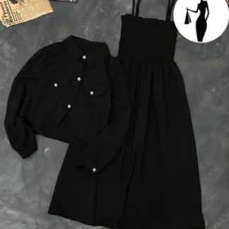 Black Linen 2Pcs Frock & Jacket Set