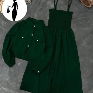 Green Linen 2Pcs Frock & Jacket Set