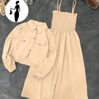 2 Pcs Women Linen Frock Jacket Set Beige