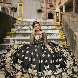 Black Floral Shamoz Silk Wedding Gown Set