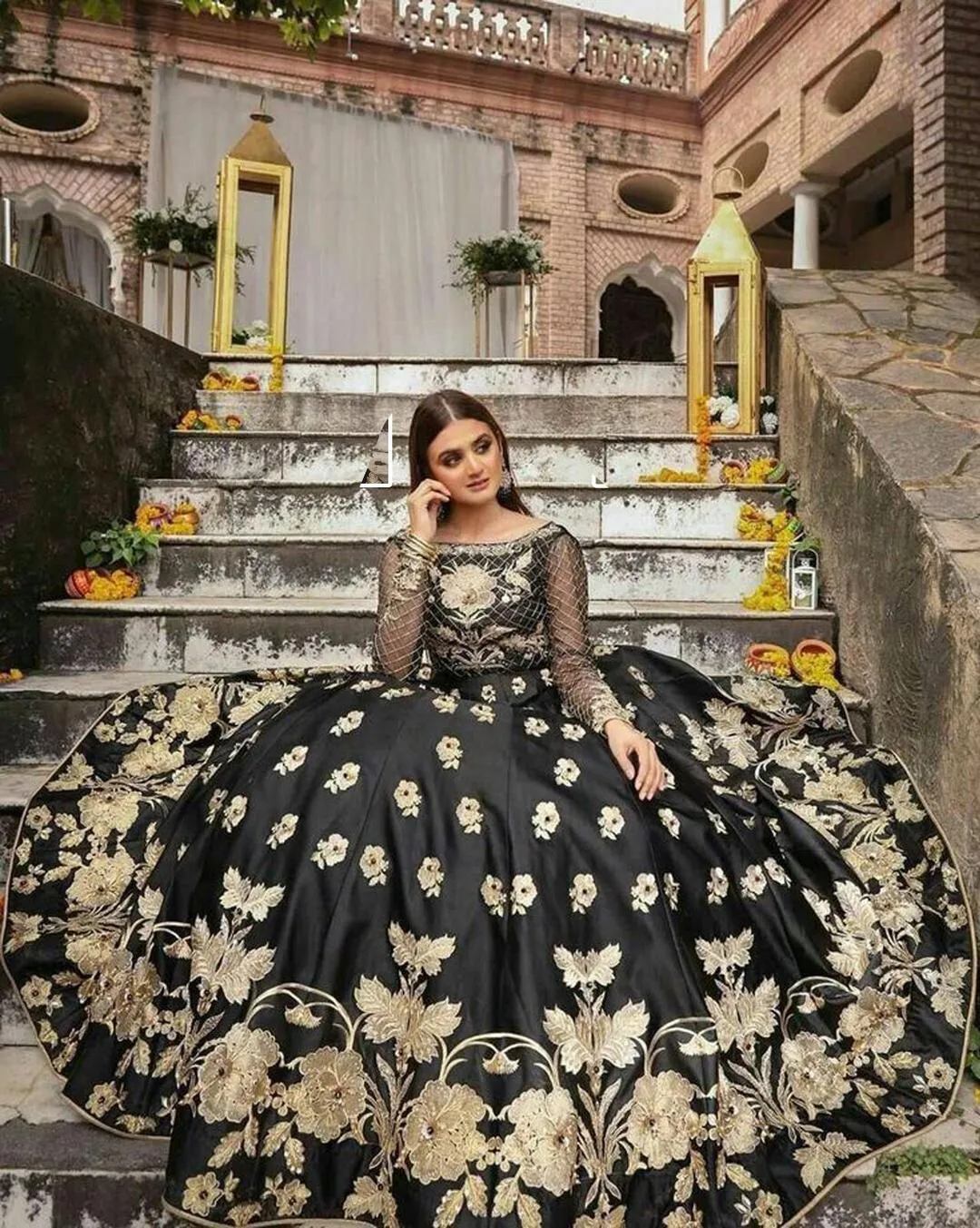 Black Floral Shamoz Silk Wedding Gown Set