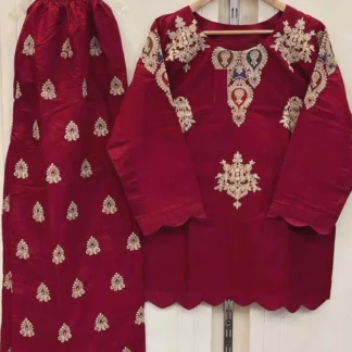 Maroon Embroidered 2-Piece Cotton Set for Women