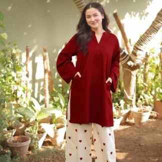 Women Maroon Cotton 2Pcs Suit Heart Embroidery Lace Work On Border