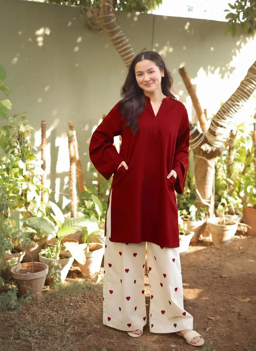 Women Maroon Cotton 2Pcs Suit Heart Embroidery Lace Work On Border