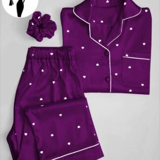 Purple Silk Night Suit with Heart Print & Hair Scrunchie