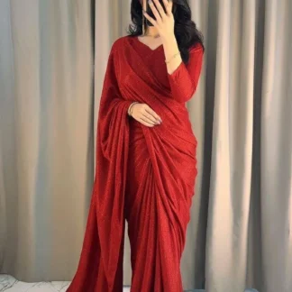 Red Glitter Saree Set for Women