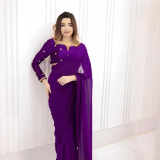 Purple Star Embroidered Chiffon Saree Set