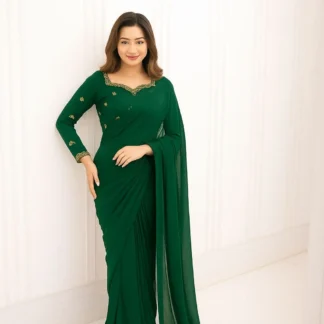 Green Star Embroidered Chiffon Saree Set for Women