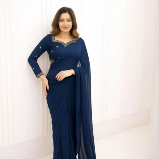 Blue Star Embroidered Silk Saree Set for Women