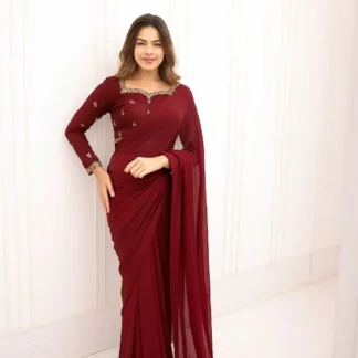 Maroon Embroidered Chiffon Saree Set for Women