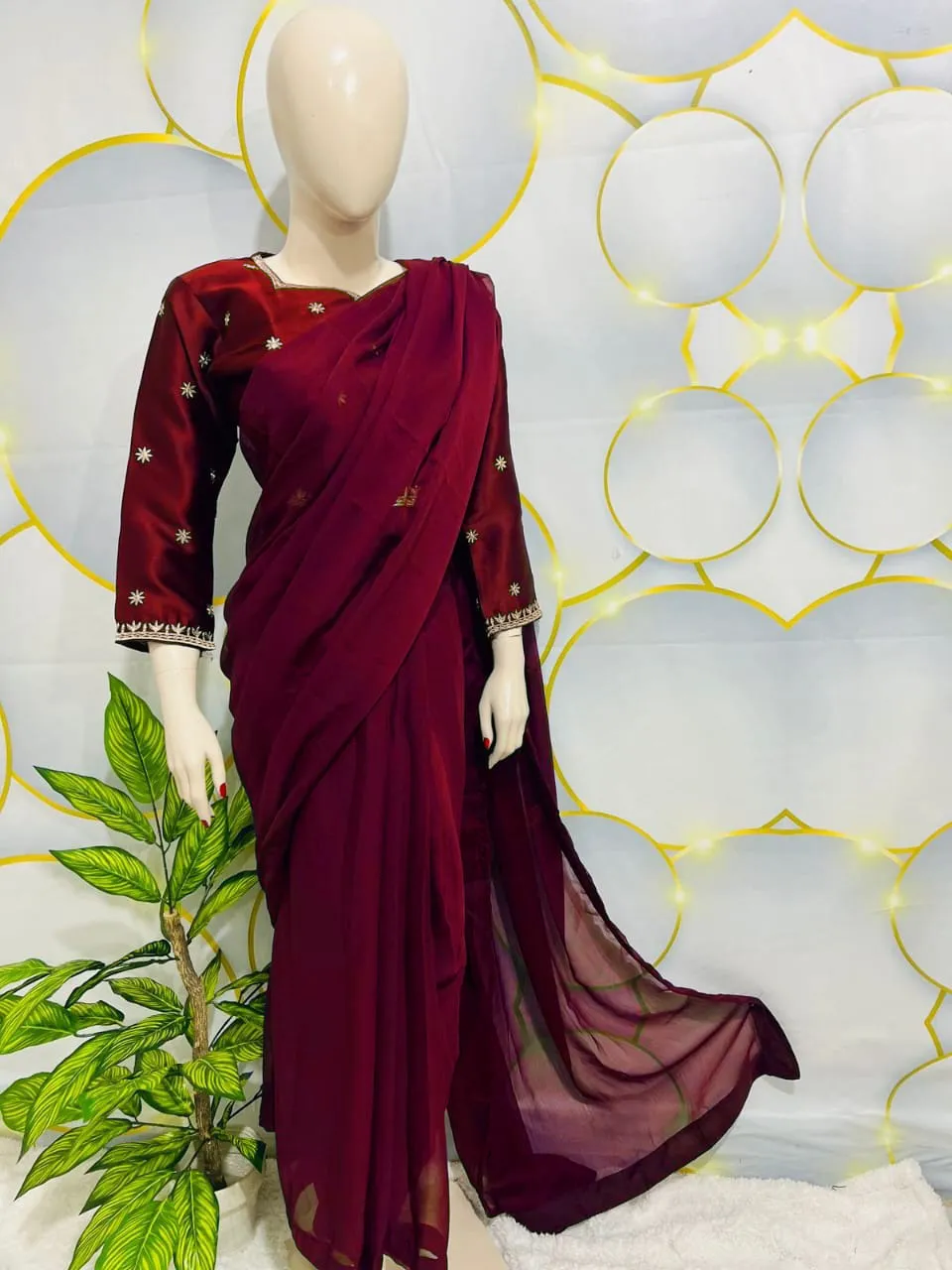 Maroon Embroidered Chiffon Saree Set for Women - Image 3