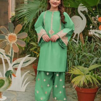 Green Embroidered 2-Piece Cotton Suit for Girls 7-12 Years