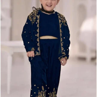 Blue Embroidered Shamoz Silk 2-Piece Set for Girls 5-12Yrs