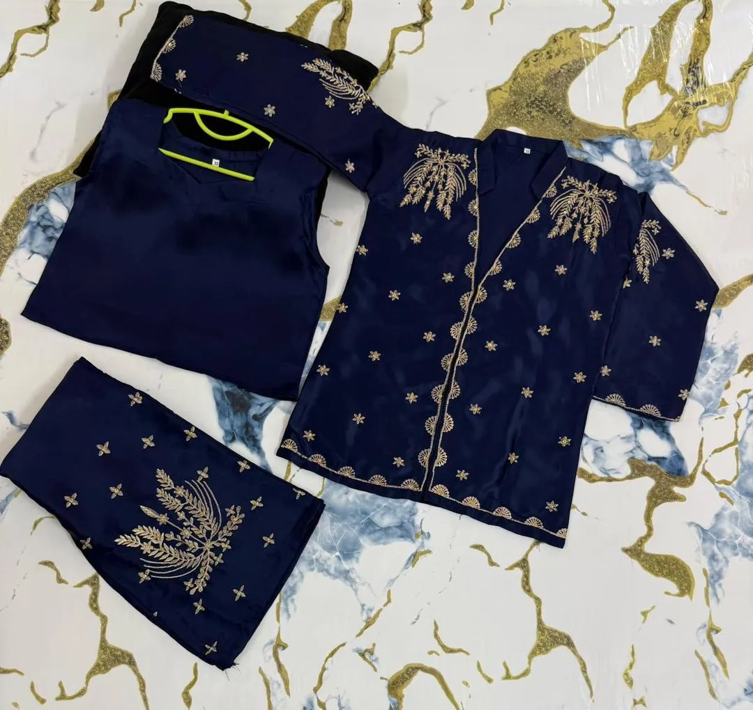 Blue Embroidered Shamoz Silk 2-Piece Set for Girls 5-12Yrs - Image 2