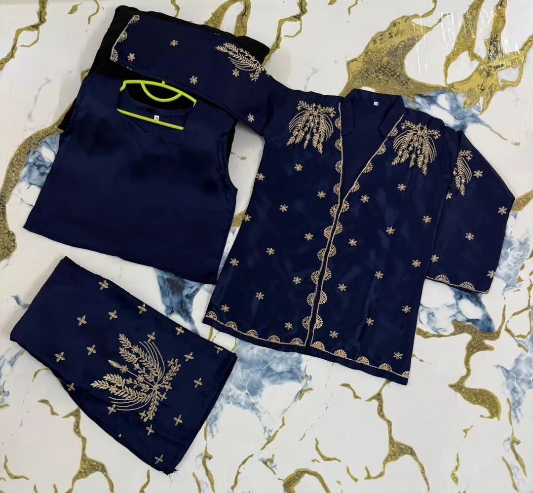 Blue Embroidered Shamoz Silk 2-Piece Set for Girls 5-12Yrs - Image 3