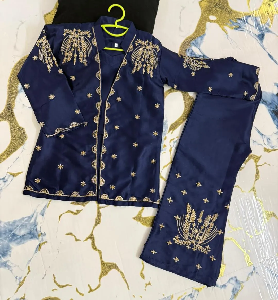 Blue Embroidered Shamoz Silk 2-Piece Set for Girls 5-12Yrs - Image 4