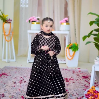 Kids Black Lace Work Maxi Set 4Pcs With Dupatta