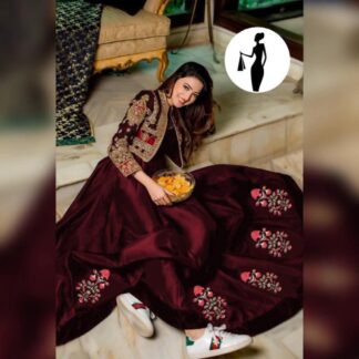 Maroon Embroidered Maxi Suit 2Pcs Shamoz Silk U-Neck
