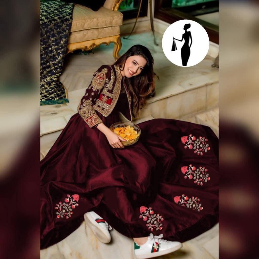 Maroon Embroidered Maxi Suit 2Pcs Shamoz Silk U-Neck