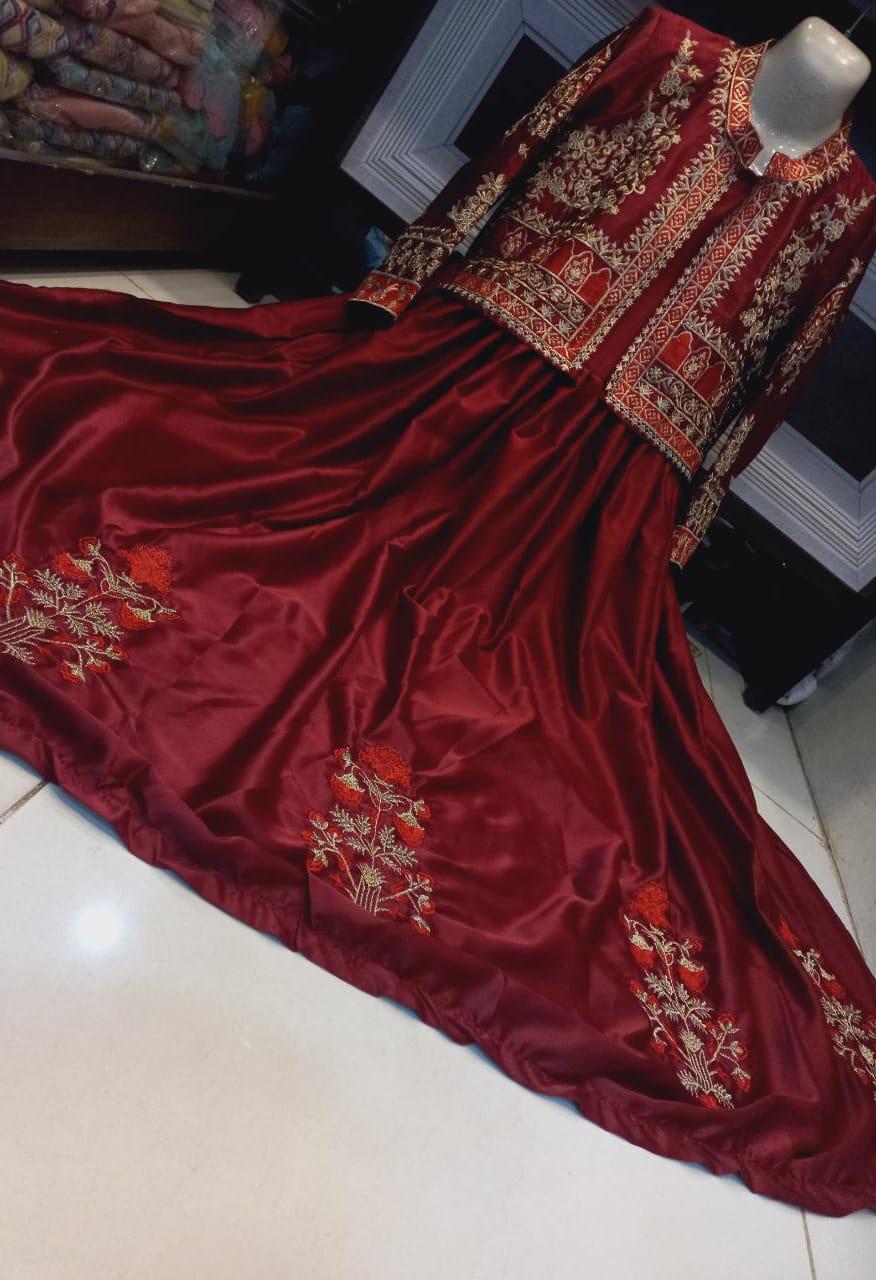 Maroon Embroidered Maxi Suit 2Pcs Shamoz Silk U-Neck - Image 2