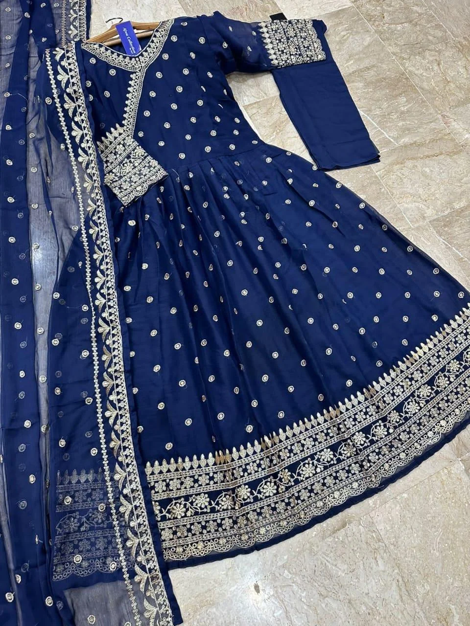 Green Embroidered Angrakha Maxi Suit 3Pcs Chiffon Set - Image 2