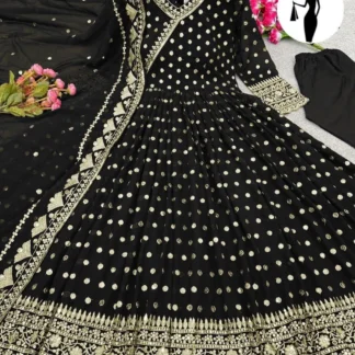 Black Embroidered Angrakha Maxi Suit 3Pcs Chiffon Set