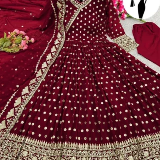 Maroon Embroidered Maxi Suit 3Pcs Chiffon U-Neck