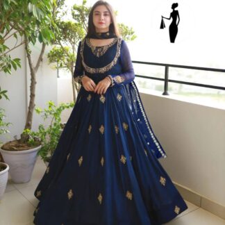 3-Piece Stitched Embroidered Maxi Suit Blue Gold Floral