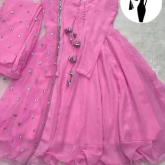 Pink Chiffon Maxi Suit with Lace Dupatta for Women