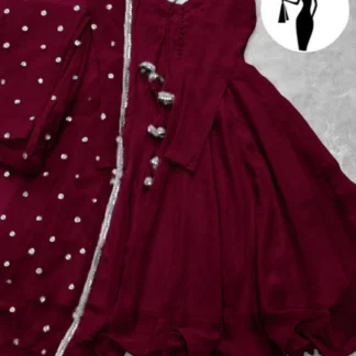 Maroon V-Neck Maxi Suit 3Pcs With Lace Dupatta