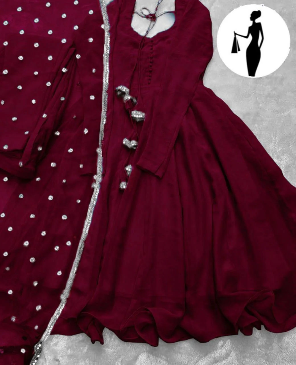 Maroon V-Neck Maxi Suit 3Pcs With Lace Dupatta - Image 2