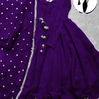 Purple V-Neck Maxi Suit 3Pcs With Lace Dupatta