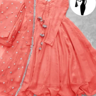 Peach Chiffon V-Neck Maxi Suit 3Pcs With Lace Dupatta