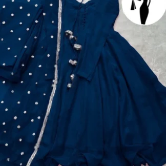Blue V-Neck Maxi Suit 3Pcs With Lace Dupatta
