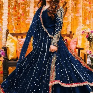 Blue Shamoz Silk Mirror Work Maxi Suit for Weddings