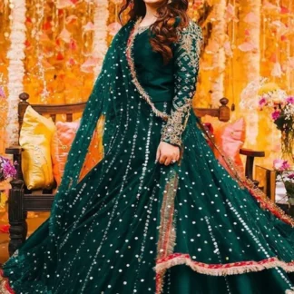 Green Shamoz Silk Maxi Suit with Mirror Work & Pearl Embroidery