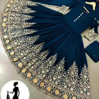 Navy Blue Chiffon Maxi Suit with Gold Embroidery 3-Piece Set