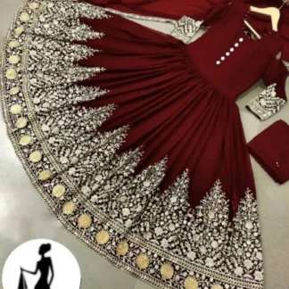 Maroon Chiffon Embroidered Maxi Suit 3Pcs with Dupatta